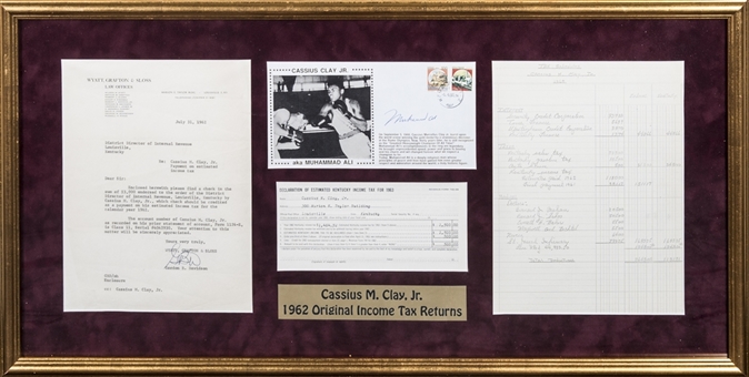 Muhammad Ali Signed Cachet in 32x16 Framed Display With 1962 Tax Papers (JSA)